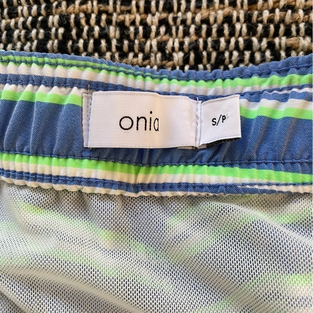 Onia Blue Green White Stripe The Calder Swim Shorts Trunks Small